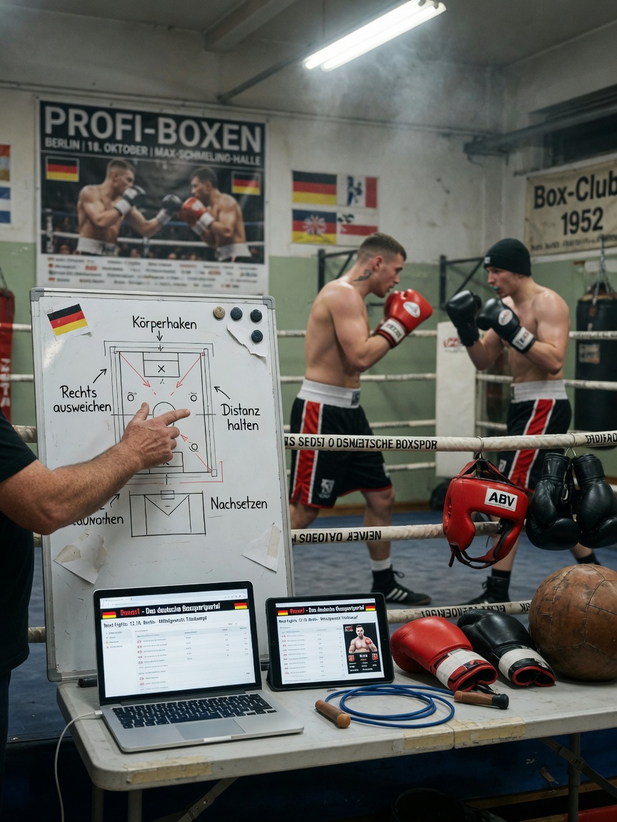 German boxing gym editorial photo: coach pointing at a tactics whiteboard while two boxers