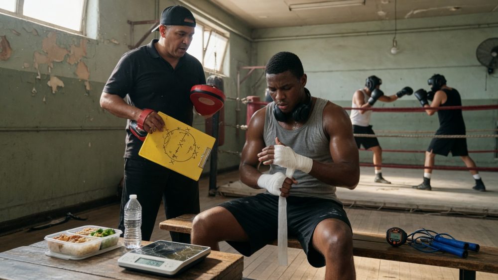 Close three-quarter portrait in a dim locker room: boxer with headphones practices calm breathing,