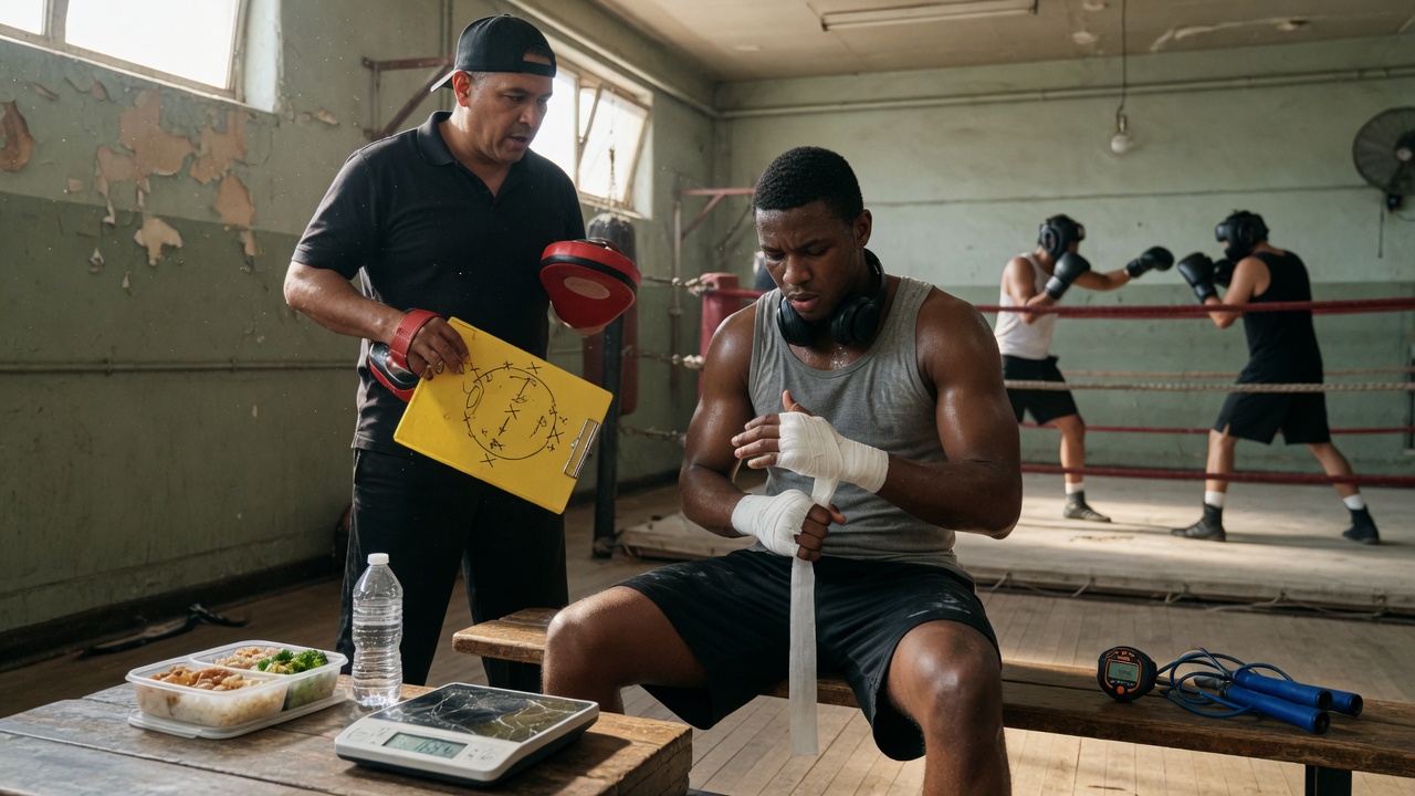 Close three-quarter portrait in a dim locker room: boxer with headphones practices calm breathing,