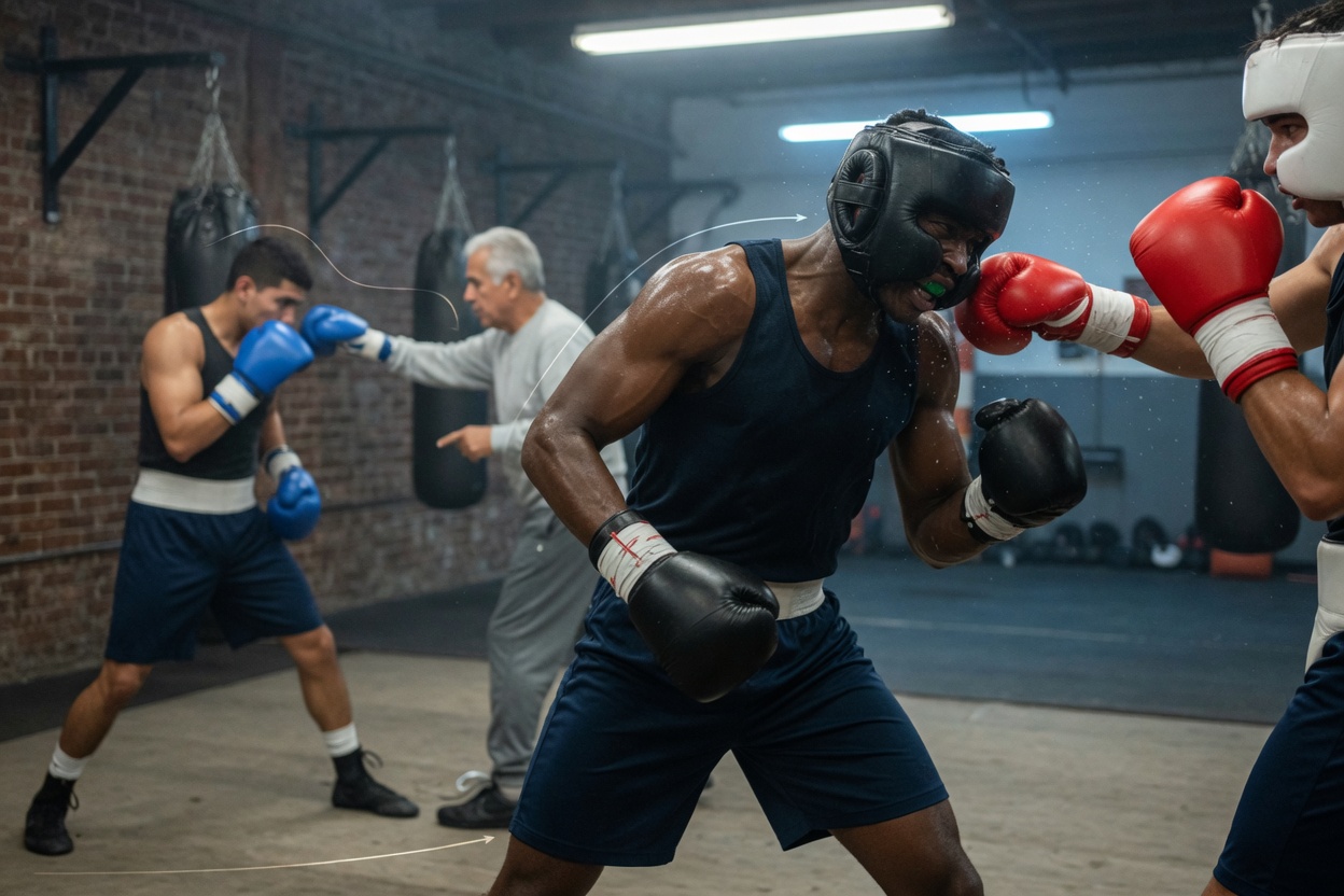 Photo of boxers in a gym ring demonstrating modern defensive techniques: a shoulder roll