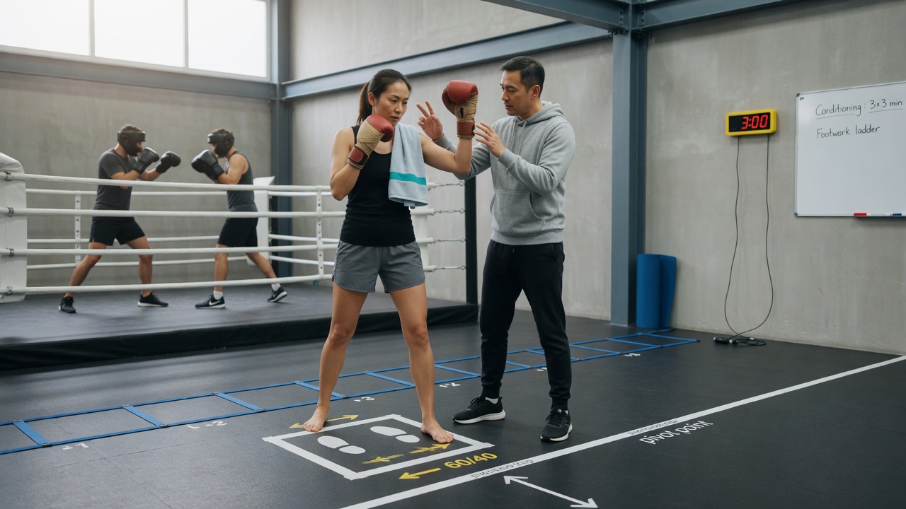 Coach adjusts a beginner boxer’s guard and stance in a bright modern gym, with