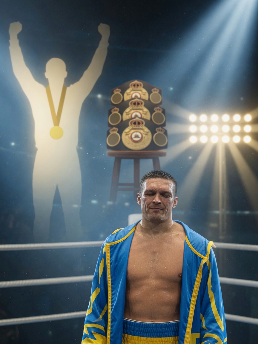 Photographic portrait of Oleksandr Usyk in a boxing ring, with subtle background elements referencing