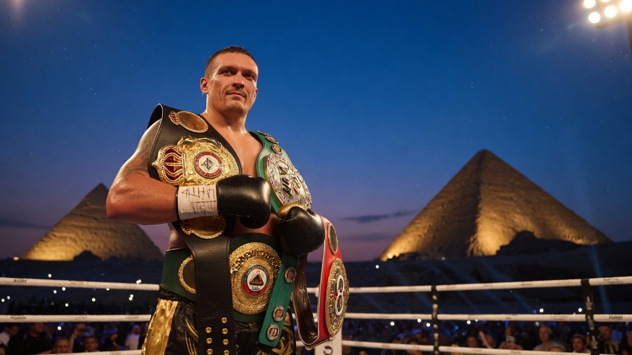 Cinematic photo of Oleksandr Usyk in a boxing ring at night before the illuminated