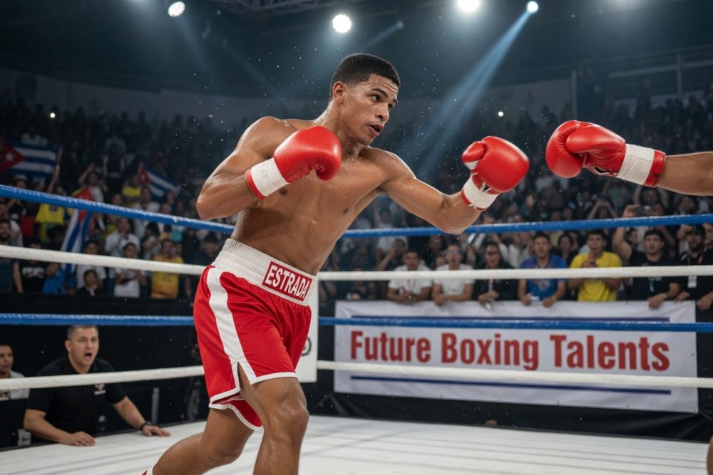 Osley Estrada Iglesias slips a right hand and counters with a compact left hook