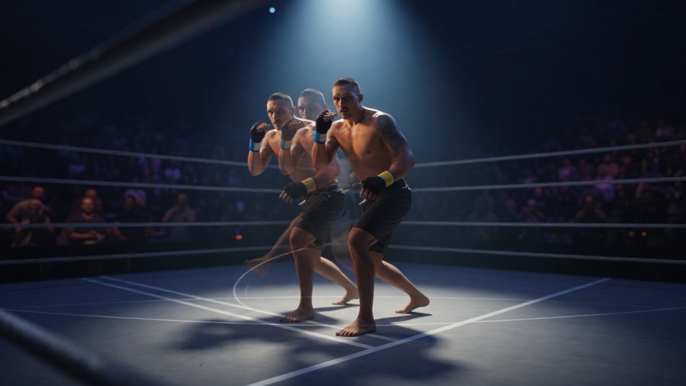 Photoreal hero shot of Oleksandr Usyk gliding across a dimly lit boxing ring, captured