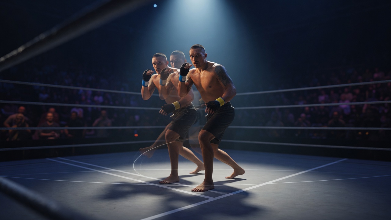 Photoreal hero shot of Oleksandr Usyk gliding across a dimly lit boxing ring, captured