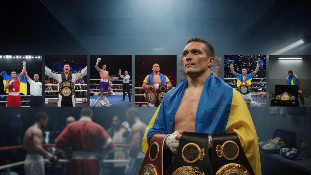 Fotorealistisches, filmisch beleuchtetes Porträt von Oleksandr Usyk im Vordergrund mit ukrainischer Flagge über den