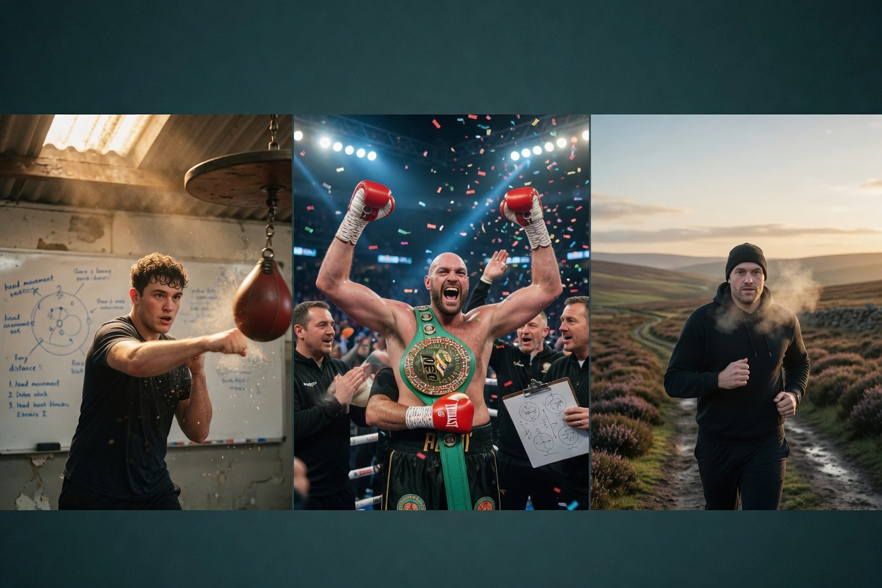 Fotorealistisches Triptychon von Tyson Fury: links Aufstieg im Boxgym, Mitte Titeltriumph mit Team im