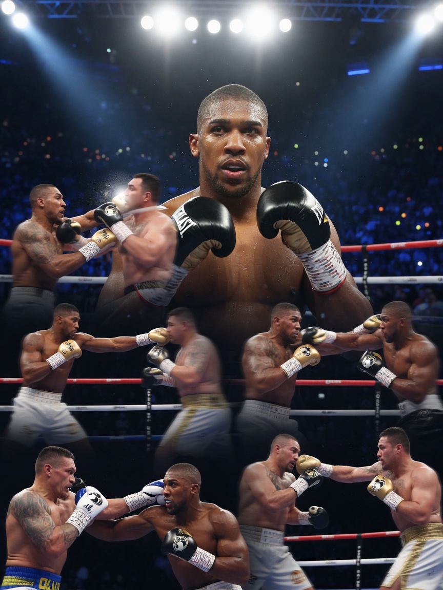 Dramatic sports photo of Anthony Joshua in a boxing ring under spotlights, with five
