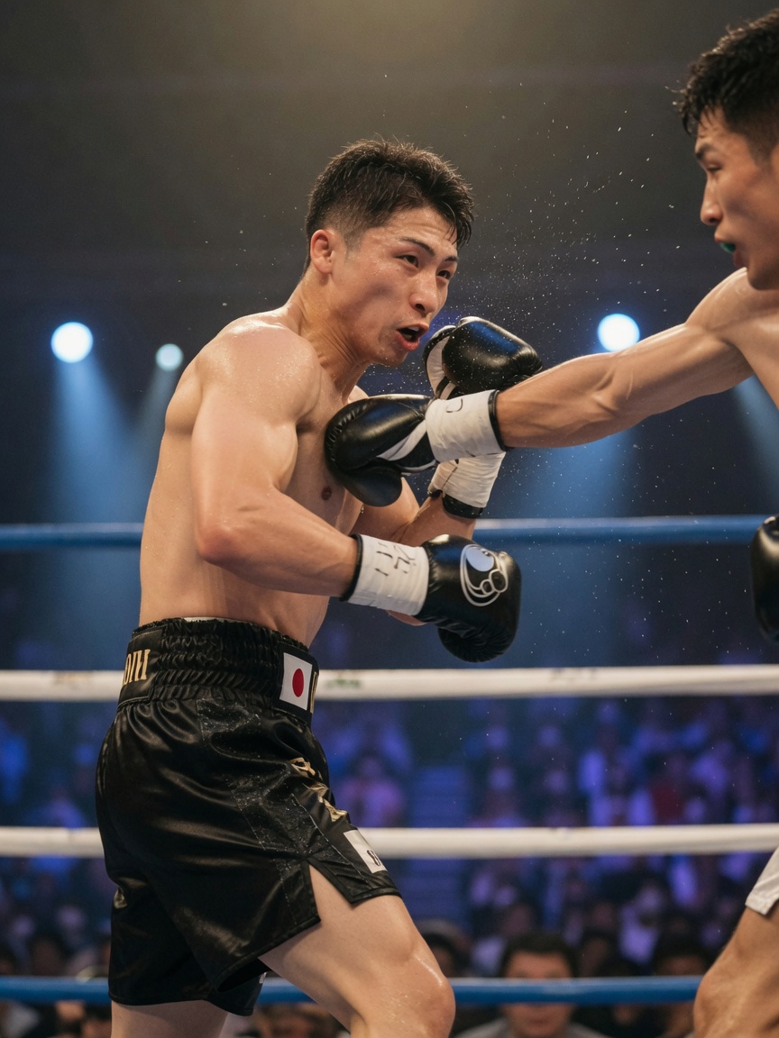 Naoya Inoue lands a precise counter right in a clean, high-contrast ringside photo, opponent