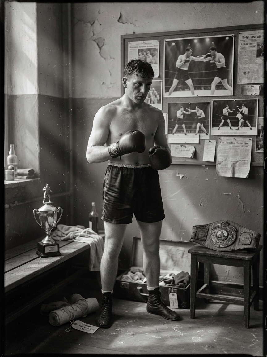 Black-and-white 1920s-style photo of boxer Max Schmeling in a gritty gym, flanked by a