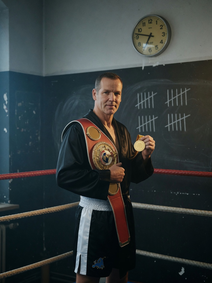 Henry Maske stands in a moody boxing gym, holding a gold medal and a