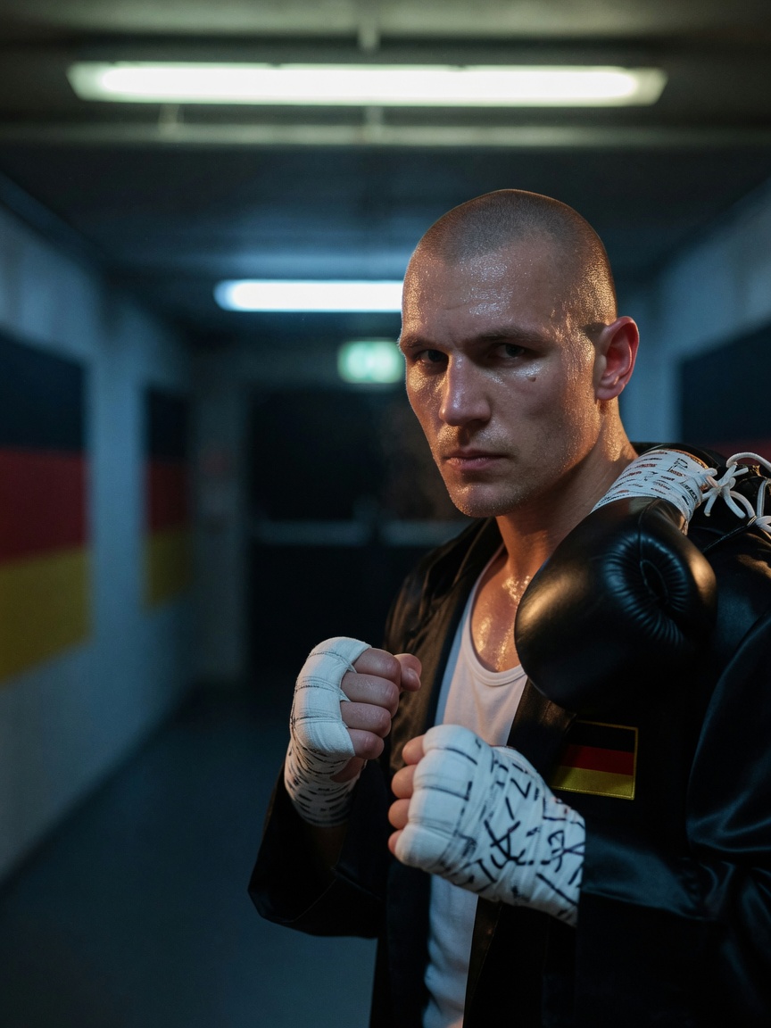 Wide, cinematic photographic shot of Marco Huck alone in an empty boxing ring inside