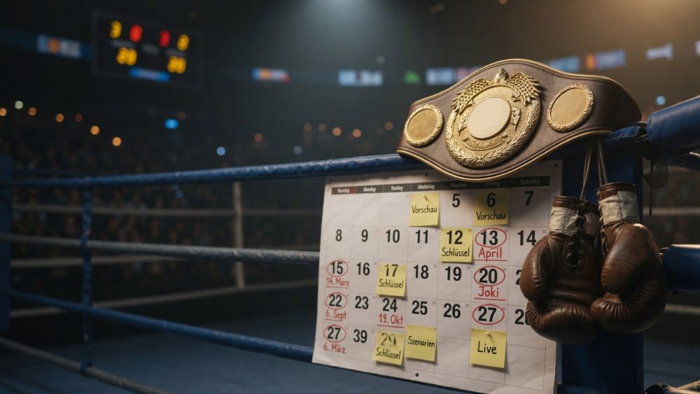 Editorial-Foto: Boxchampion-Gürtel über blauen Ringseilen, daneben hängende braune Handschuhe; dahinter ein 2026-Wandkal