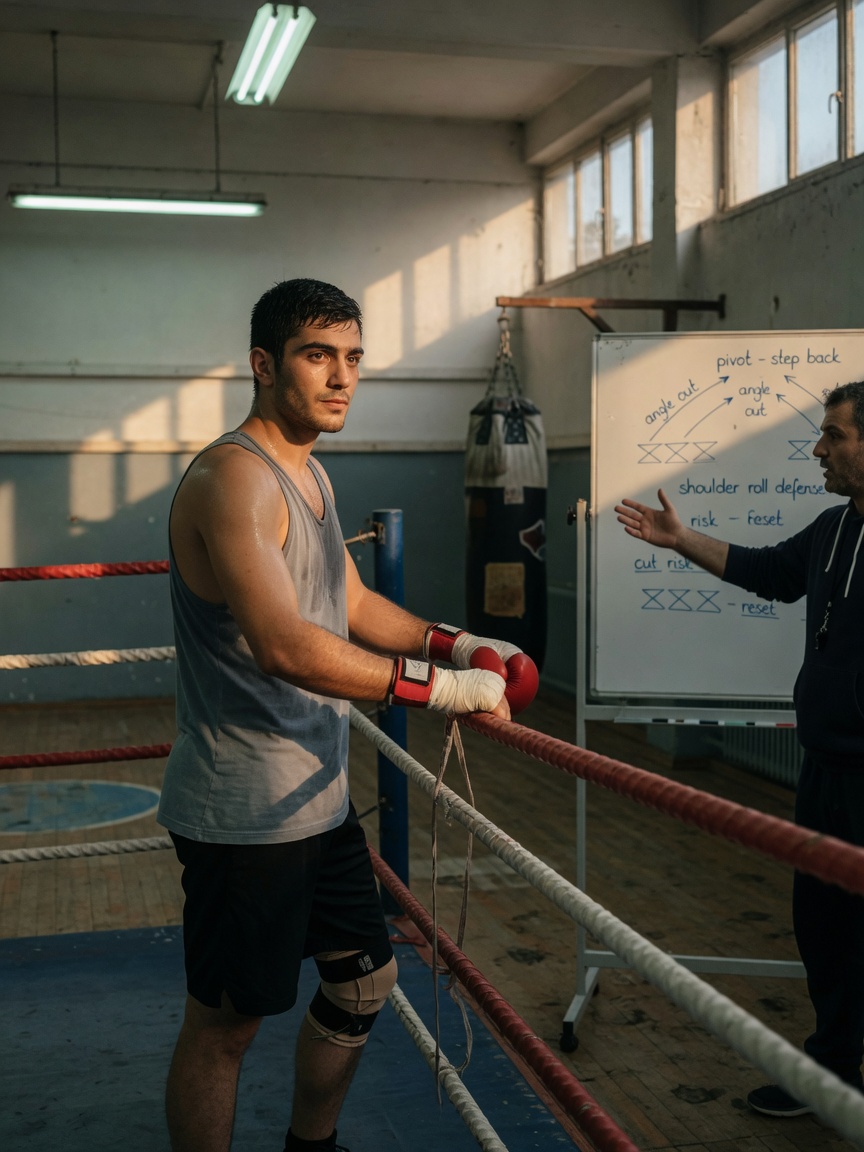 Gritty comeback portrait of Deniz Ilbay in a modest Ludwigshafen boxing gym, taped hands