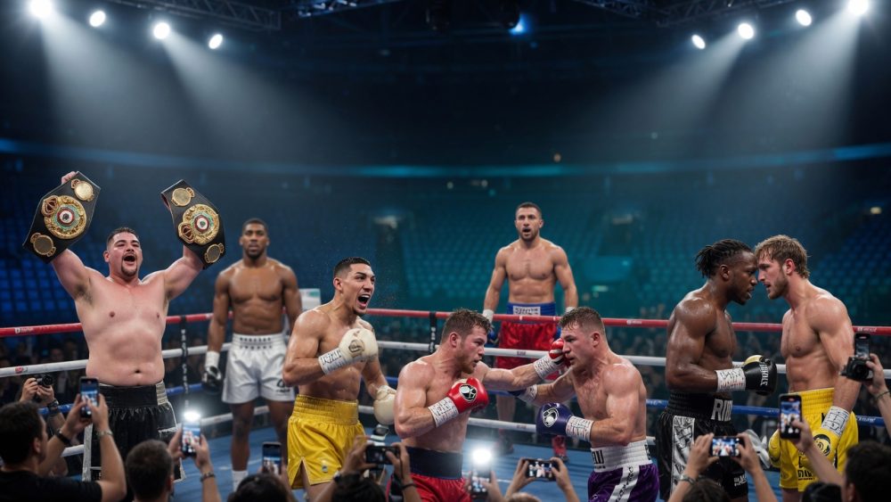 Single-moment editorial photo: Ruiz drops Joshua at center ring under stark spotlights; subtle double-exposure