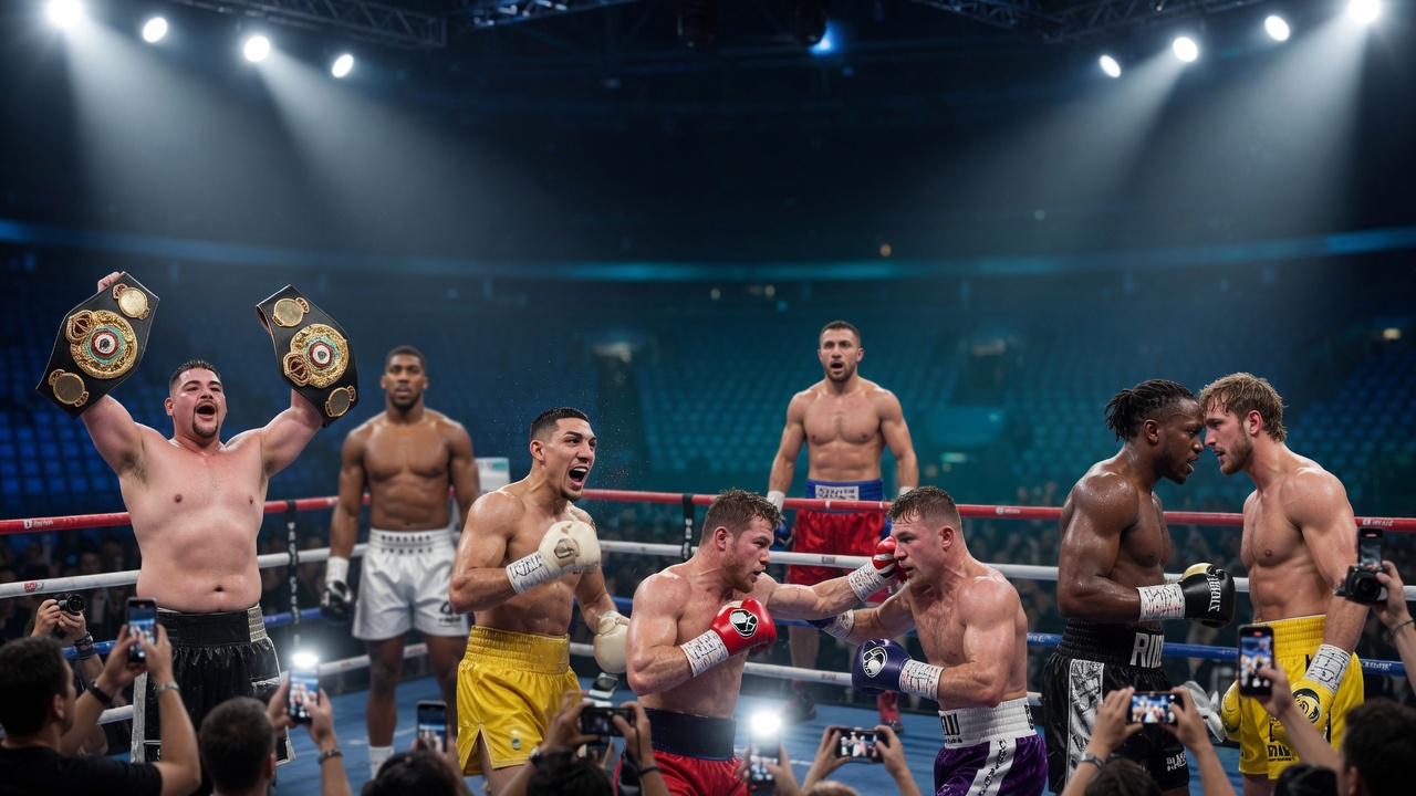 Single-moment editorial photo: Ruiz drops Joshua at center ring under stark spotlights; subtle double-exposure