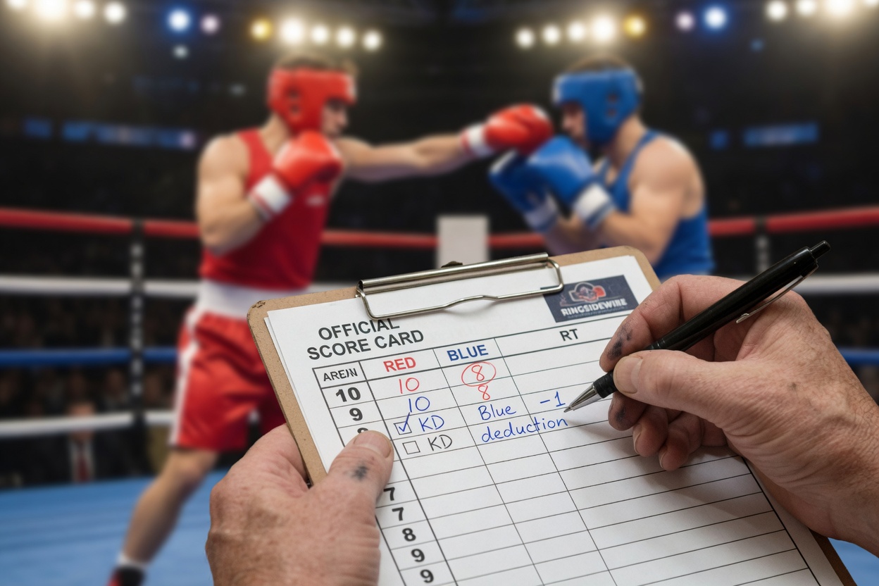 Ringside close-up photo of a judge filling out a boxing scorecard showing 10-9, 10-8