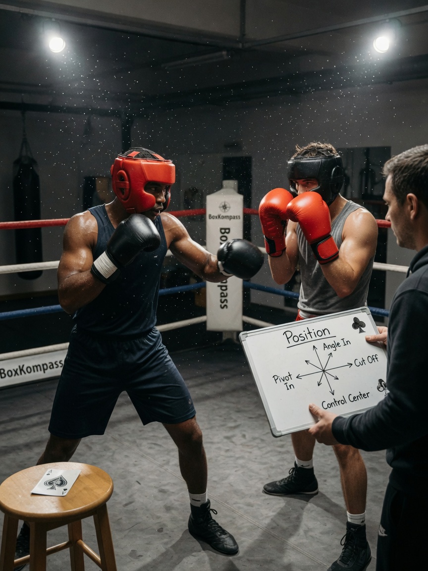 Ringside photo of two boxers sparring; one feints while controlling center as a coach