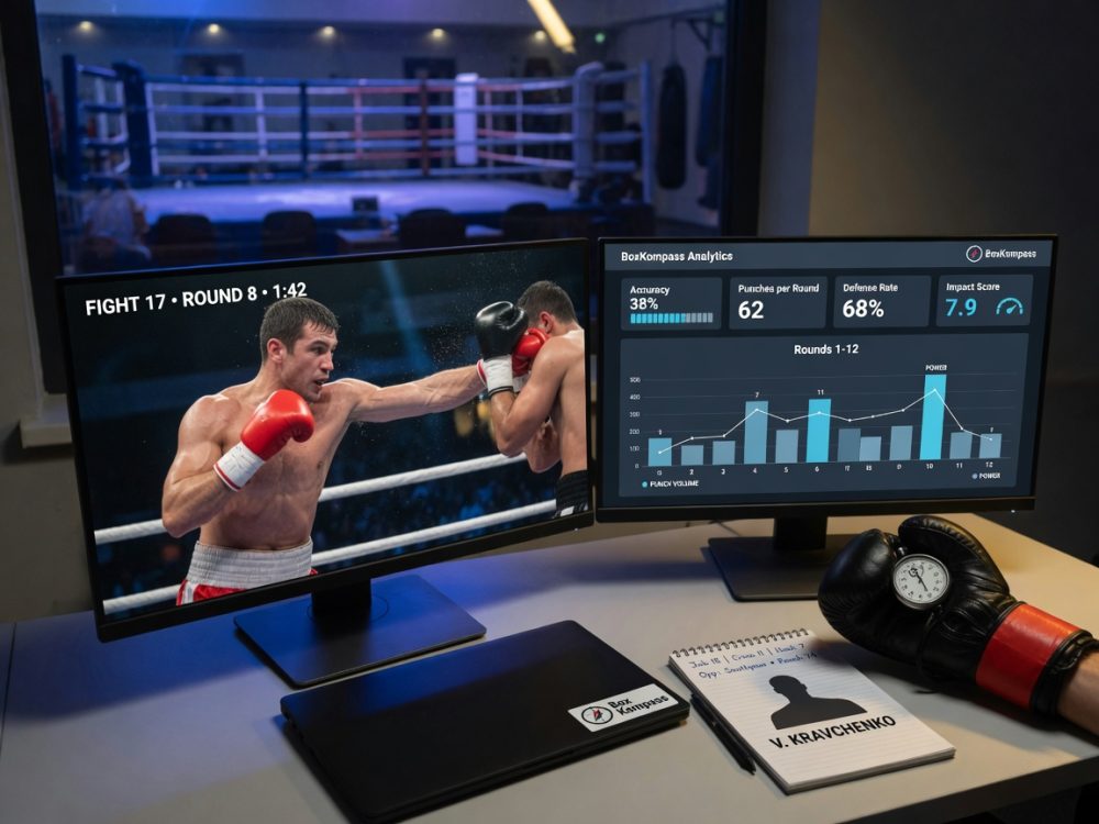 Photo of a boxing analytics desk with dual monitors showing a paused ring exchange